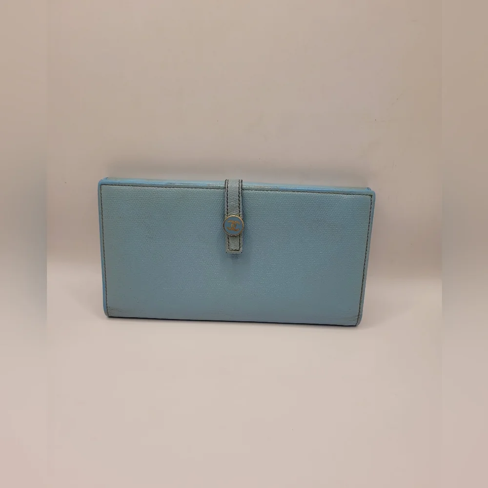 Chanel Authentic Coco Button Leather Long Bifold Wallet Powder Blue